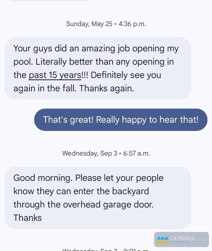 Screenshot of a text message praising a pool opening service