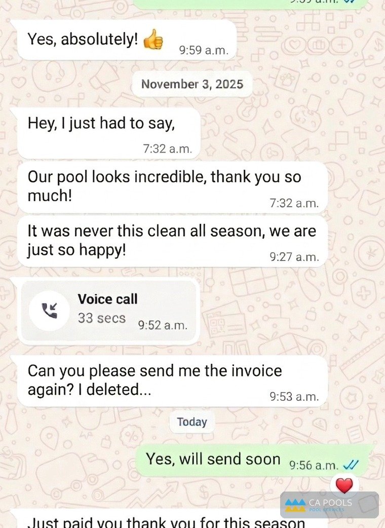 Screenshot of a thank-you WhatsApp message from a pool client